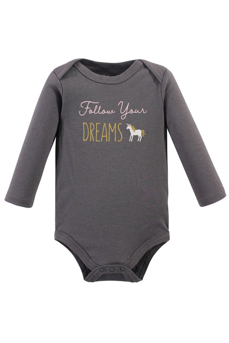 Soft Cotton Long-Sleeve Bodysuits, Alternate, color, Gold Unicorn