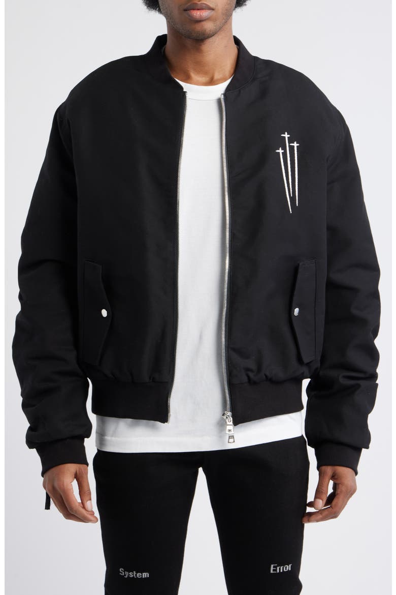 Kayden Zip Detail Cotton Bomber Jacket, Main, color, BLACK