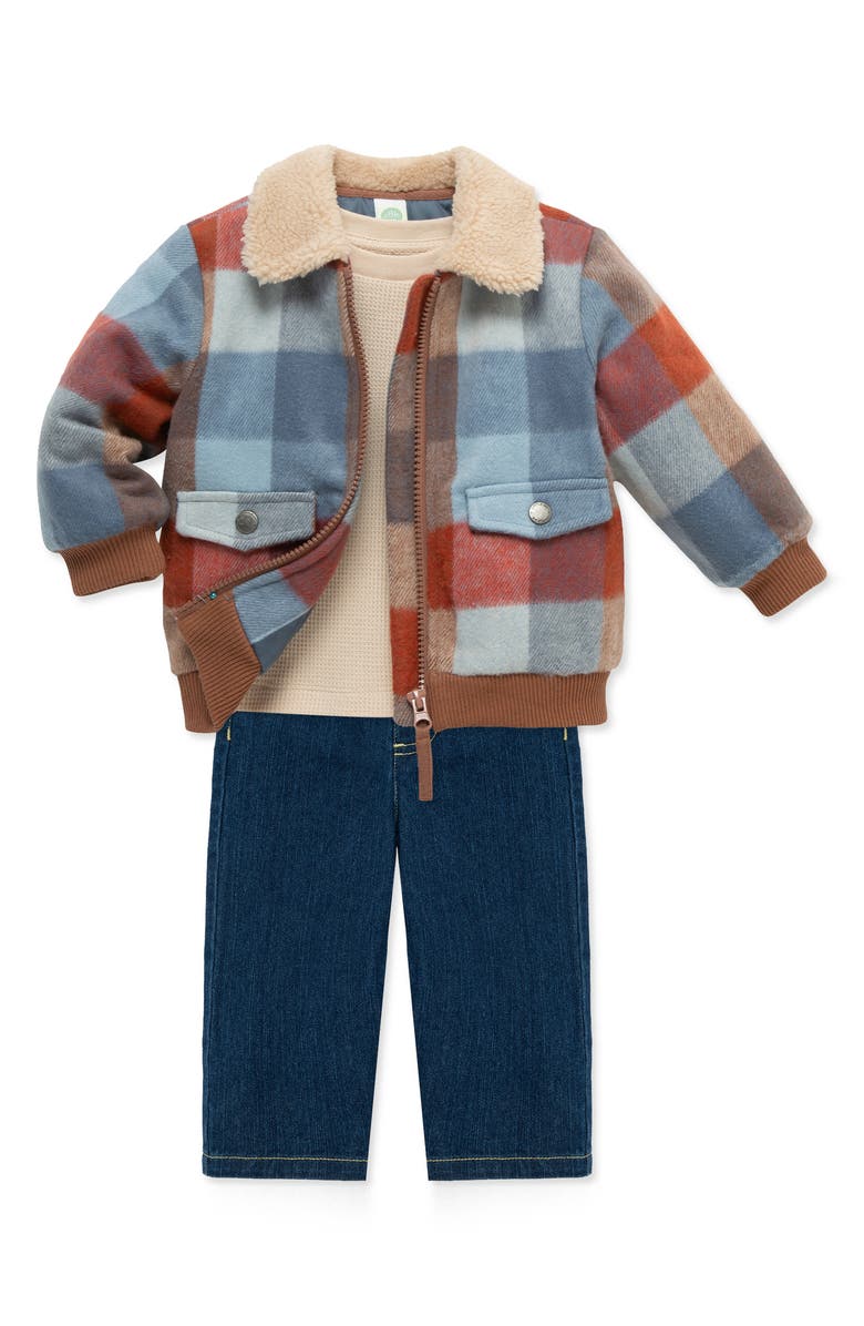 Little Me 3-Piece Plaid Bomber Jacket, Shirt & Jeans Set, Alternate, color, 