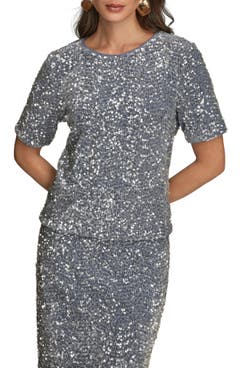 Women's Sparkly Sequin Top - V-Neck Cap Sleeve Glitter Blouse For Club, Party & Night Out