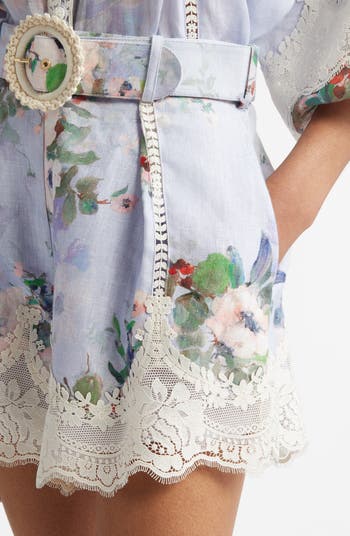 【Zimmermann】Everley belted floral linen and lace shorts Everley belted floral linen and lace shorts in blue