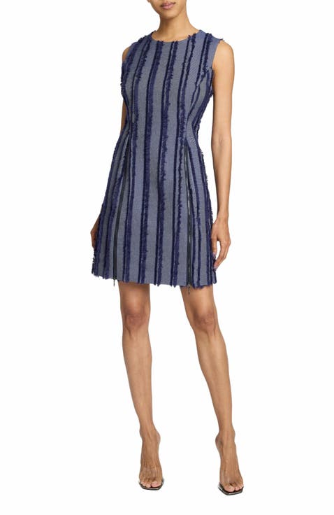 IDA Sleeveless Shift Dress with Skirt Zipper Detail in Stripe Fringed Denim