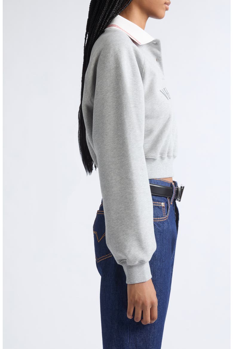 Embroidered Logo Greca Collar Cotton Fleece Crop Polo Sweatshirt, Alternate, color, GREY MELANGE WHITE