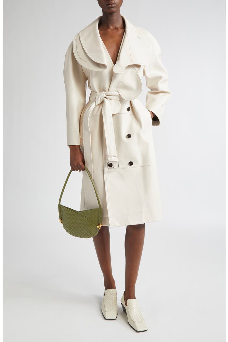 Double Breasted Leather Trench Coat, Main, color, PALE MERINGUE