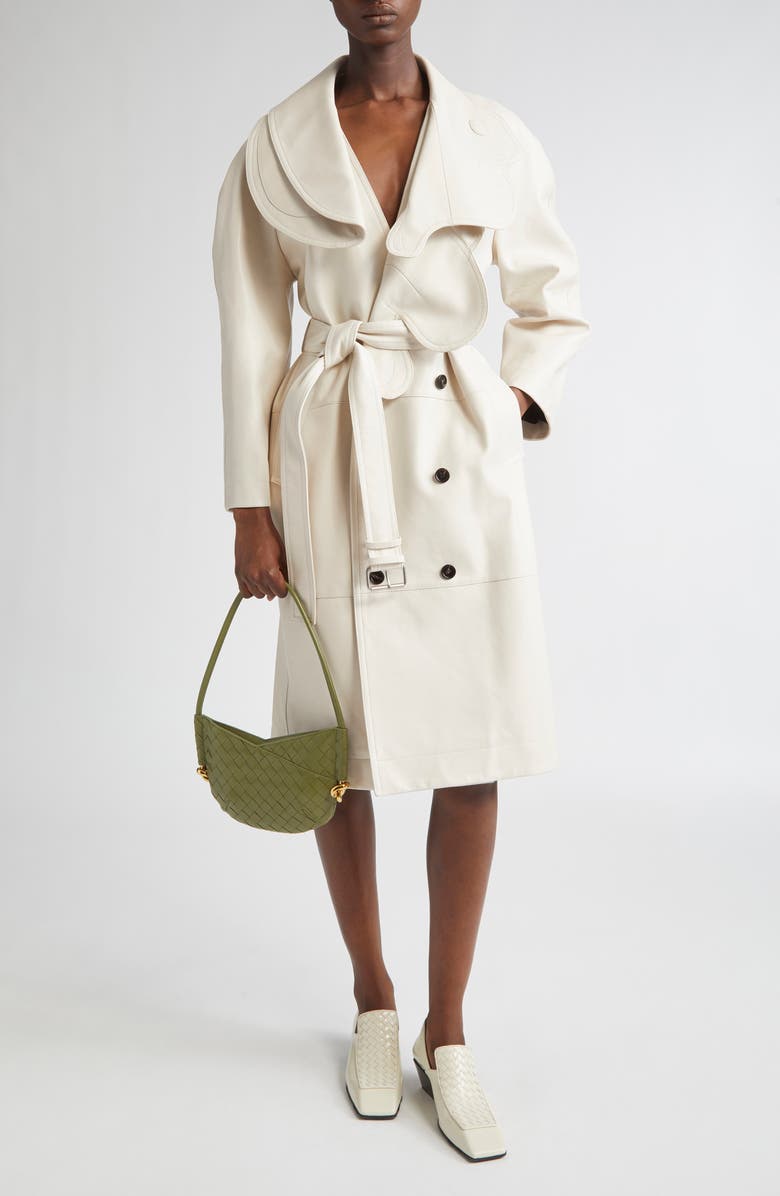 Bottega Veneta Double Breasted Leather Trench Coat, Main, color, Pale Meringue