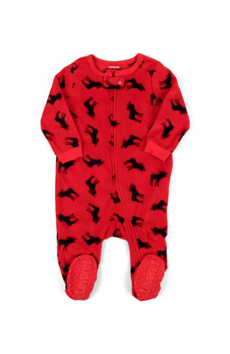 Leveret Kids Fleece Footed Printed Holiday Pajamas, Alternate, color, Moose
