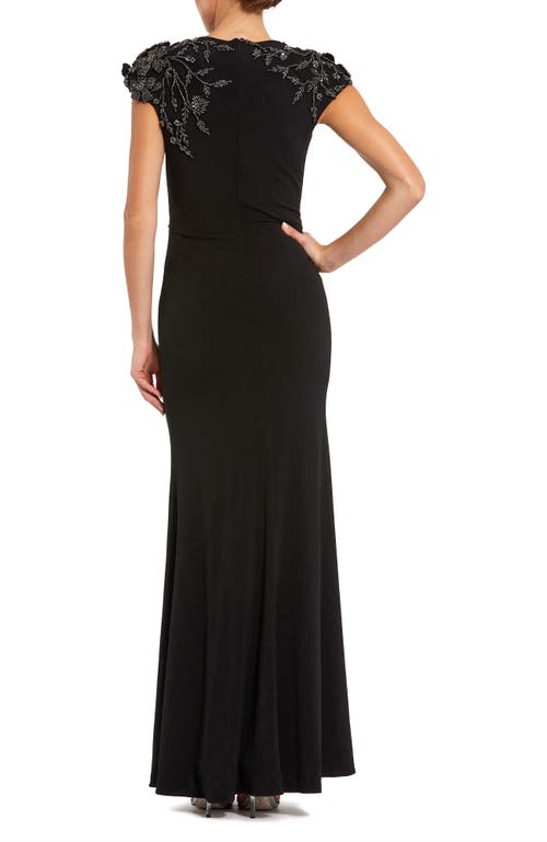 Mac Duggal Jersey Cap Sleeve Fitted Gown With Beaded Flowers In Black