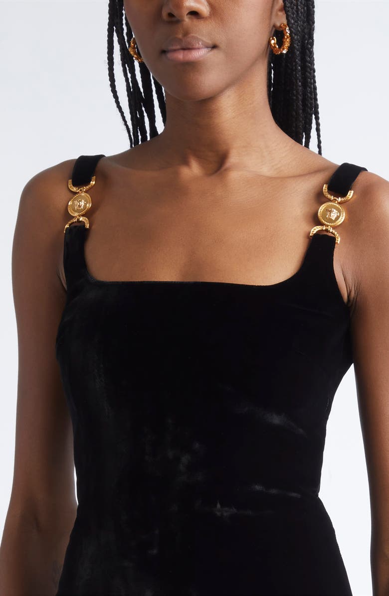 Versace Medusa Strap Liquid Velvet Body-Con Dress, Alternate, color, Black