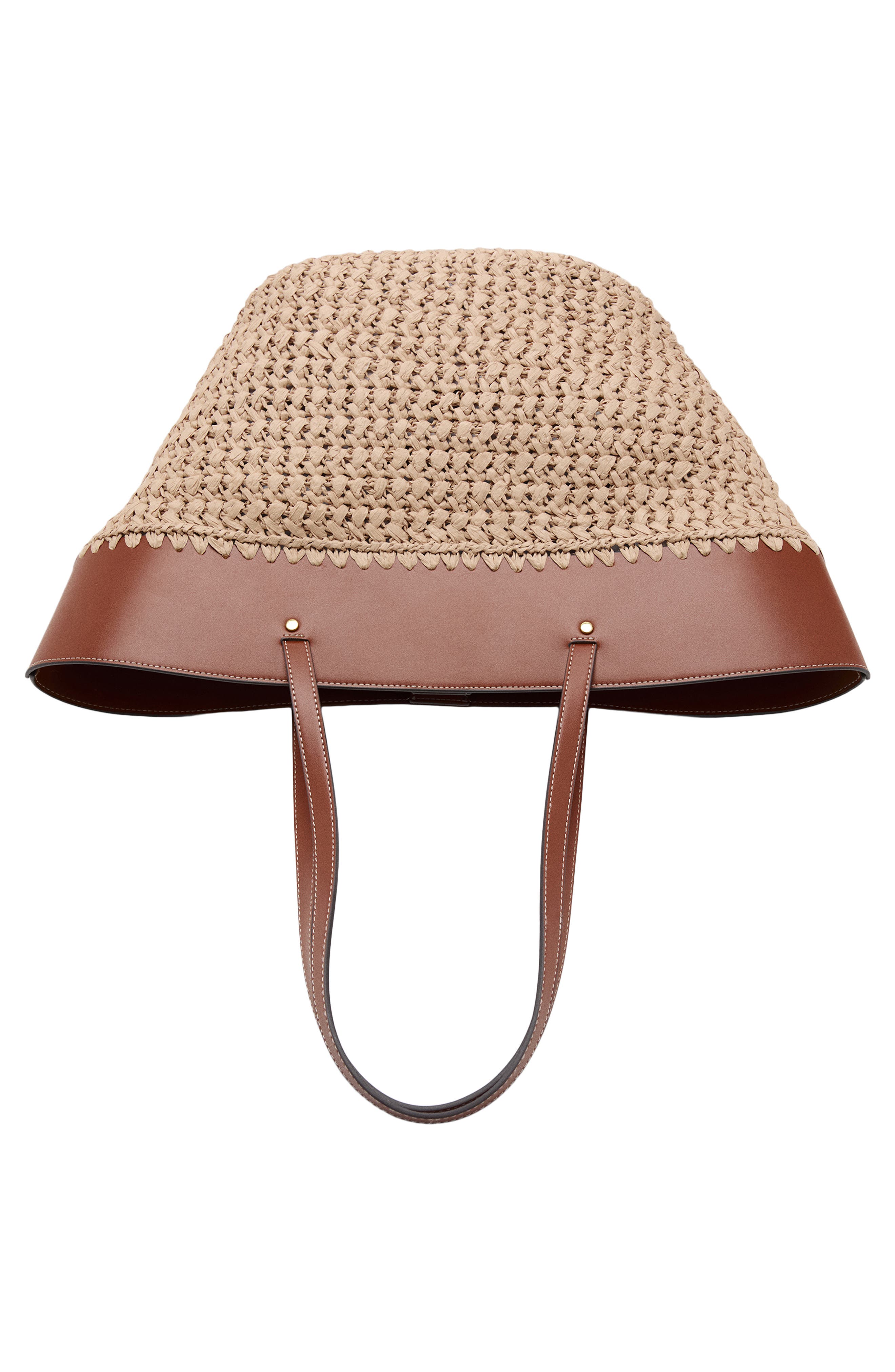MANGO Paros Straw Tote, Alternate, color, Leather
