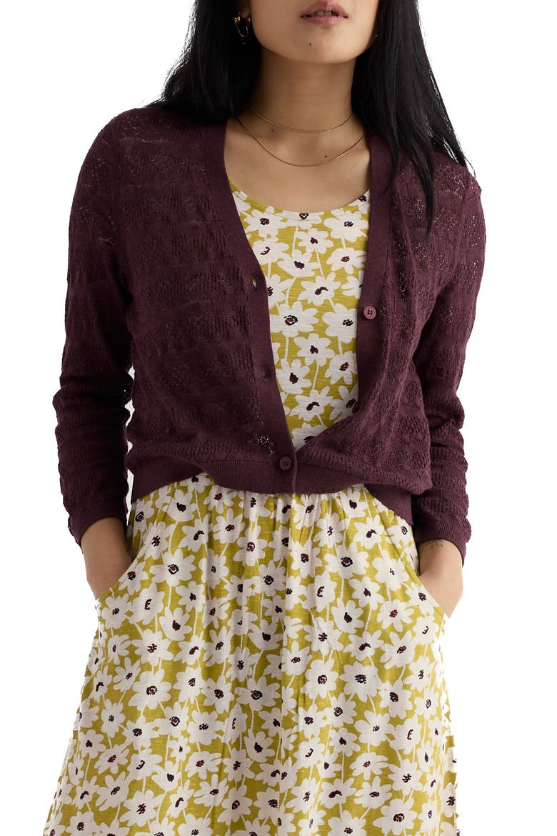 Sweet Day Pointelle Organic Cotton Cardigan, Main, color, KNIT MELANGE CACAO
