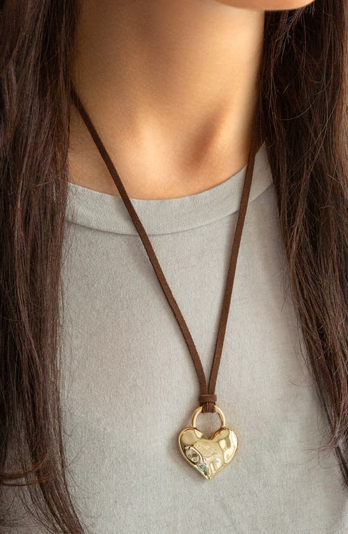 Marlyn Schiff Adjustable Heart Charm Suede Pendant Necklace In Brown