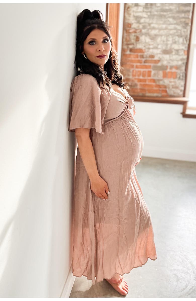 PinkBlush Front Tie Ruffle Sleeve Midi Dress, Alternate, color, Mocha