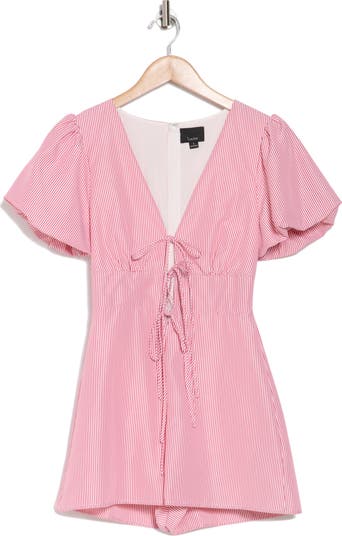Plunge Tie Front Puff Sleeve Romper
