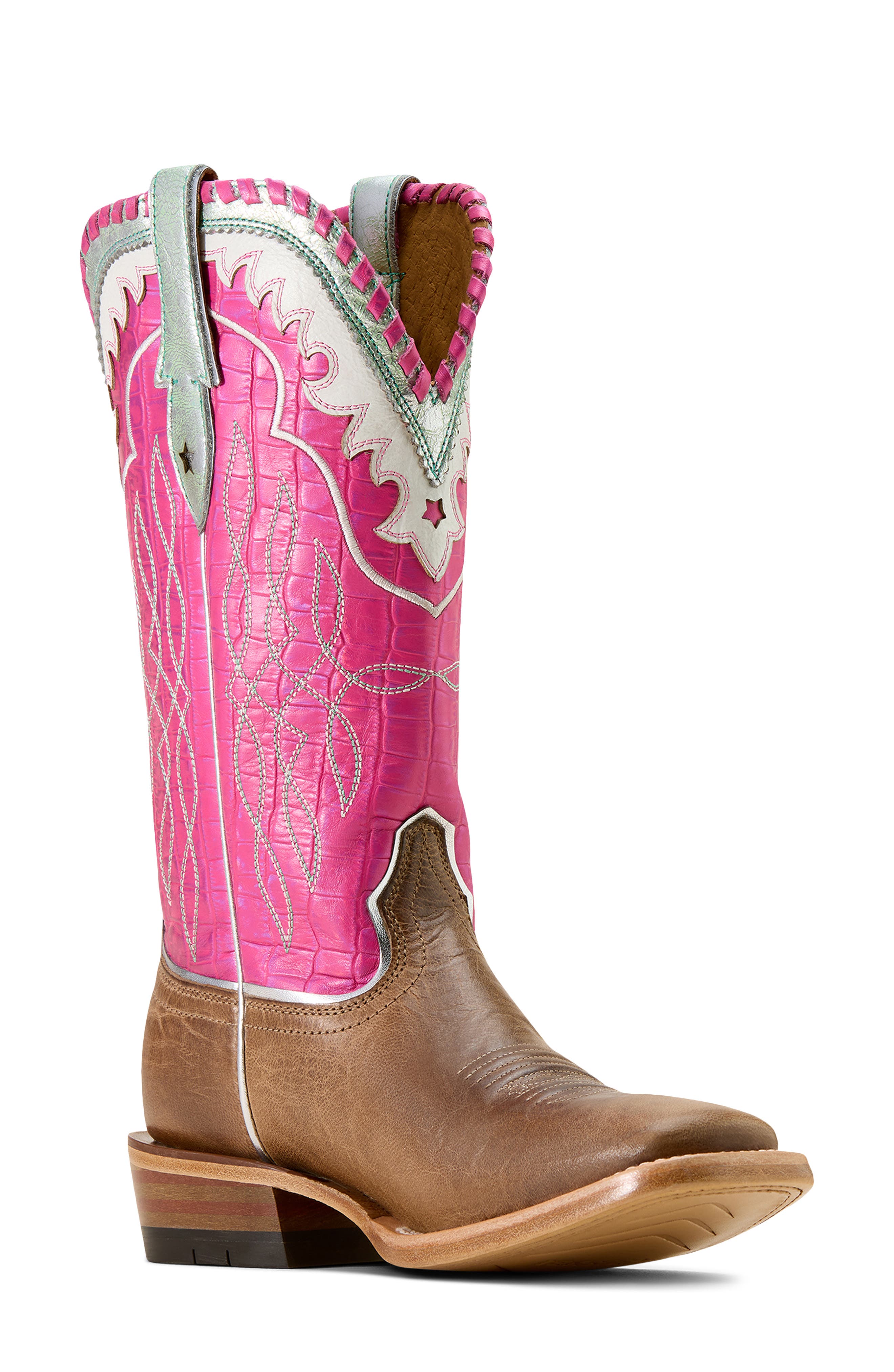 Riata Square Toe Western Boot, Main, color, FAWN/ KNOCKOUT PINK