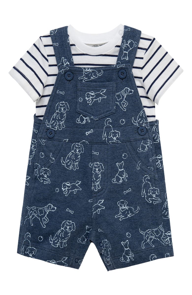 Little Me Puppies Overalls & Stripe T-Shirt Set, Main, color, Blue
