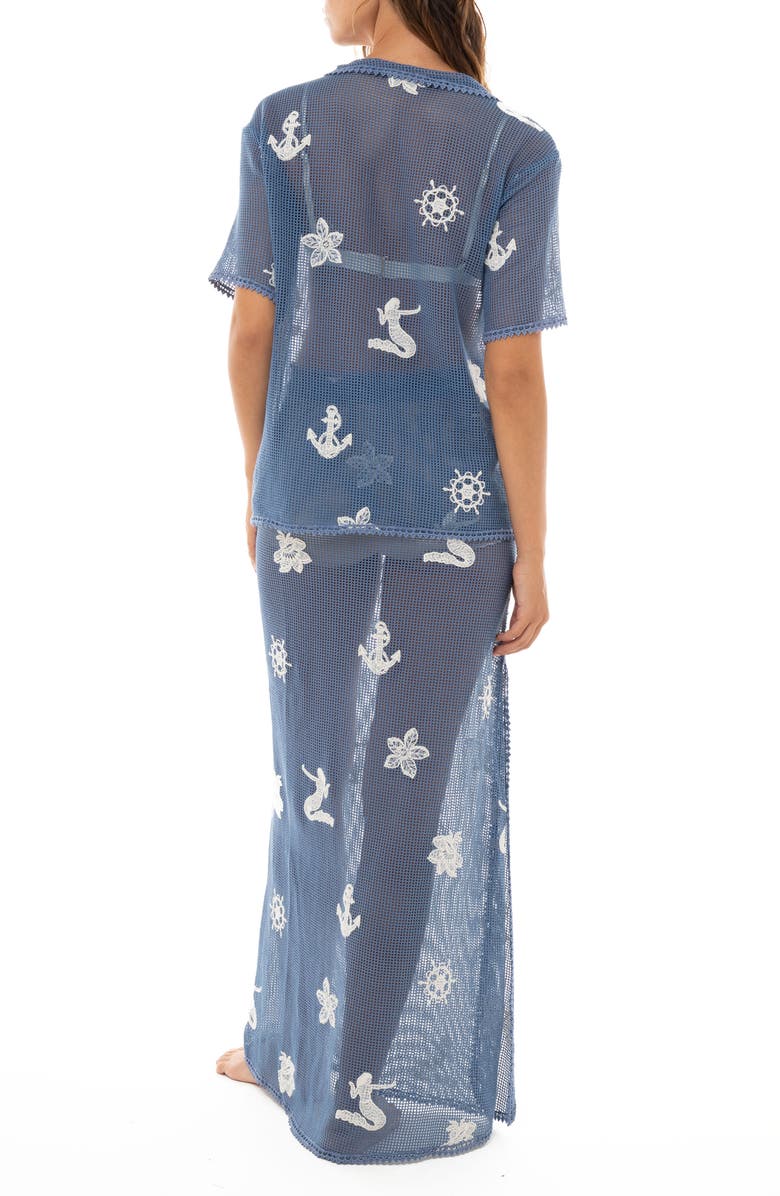 Agua Bendita Axel Kai Crochet Trim Sheer Cotton Cover-Up Button-Up Shirt, Alternate, color, Blue Nautical