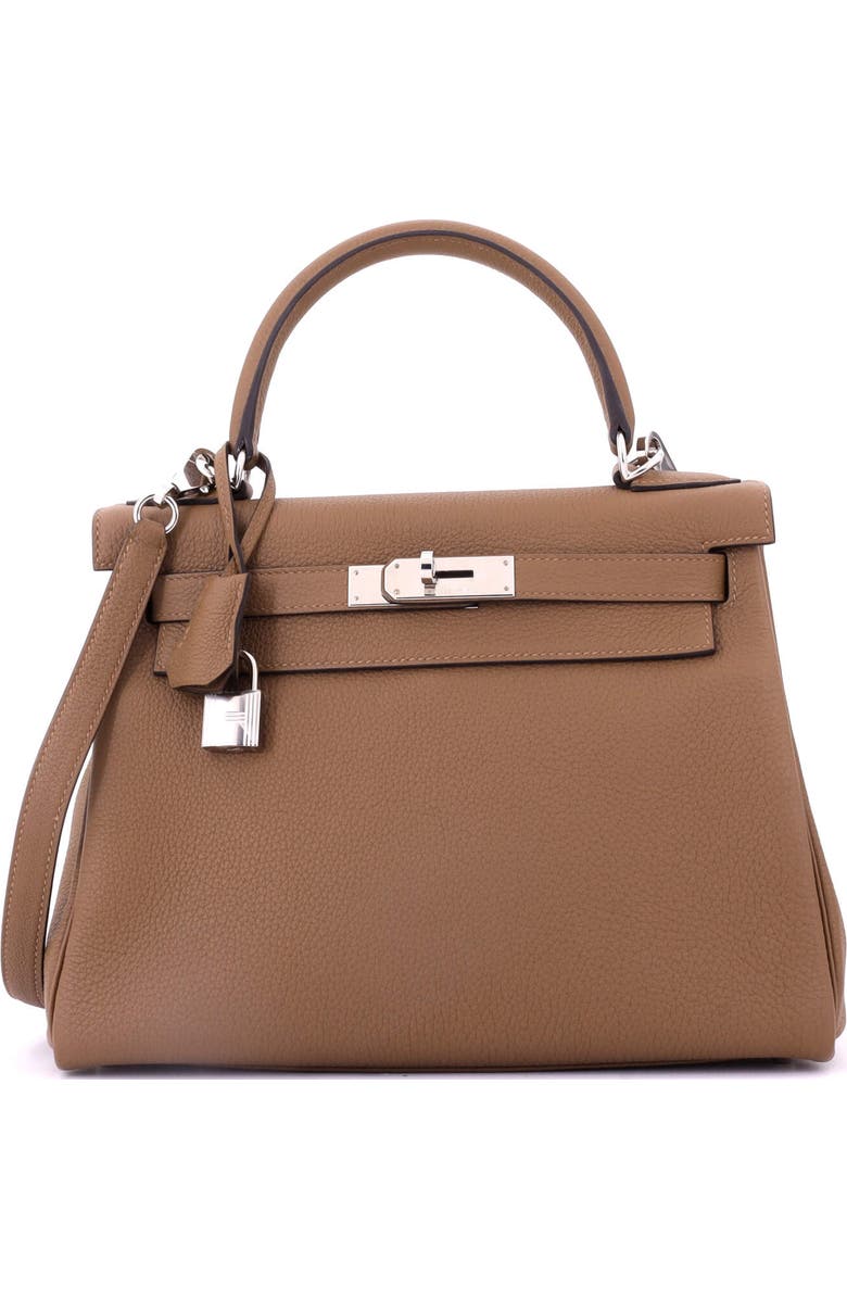 Pre-Owned Hermes Kelly Handbag Brown Togo with Palladium Hardware 28, Main, color, Alezan