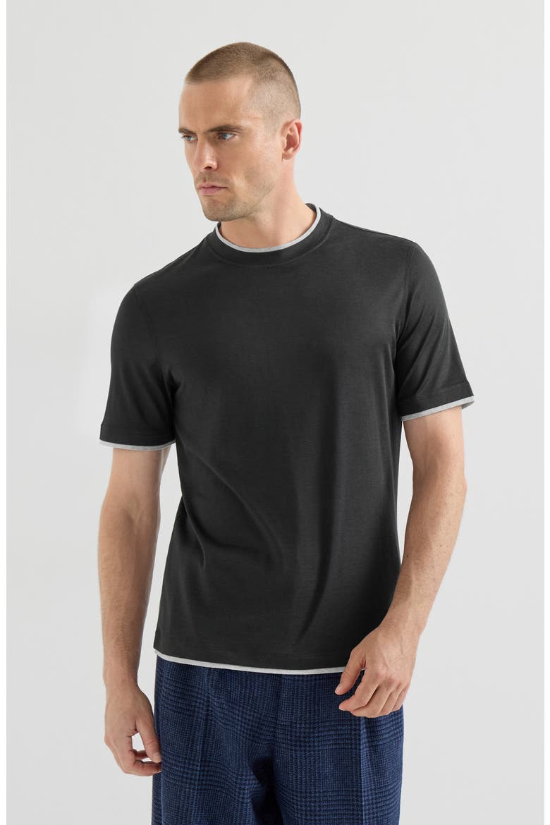 Silk and cotton lightweight jersey crew neck T-shirt with faux-layering, Main, color, Black