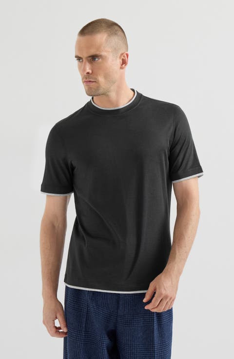 Silk and cotton lightweight jersey crew neck T-shirt with faux-layering