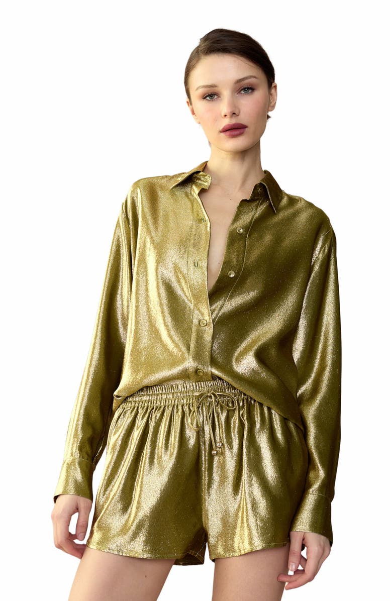 Cynthia Rowley Liquid Gold Lamé Shorts, Alternate, color, 