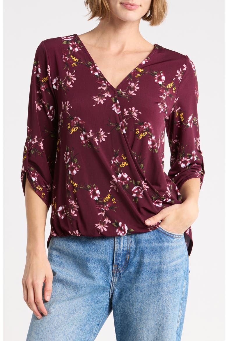 Floral Surplice High Low Top, Main, color, BURGUNDY FLORAL