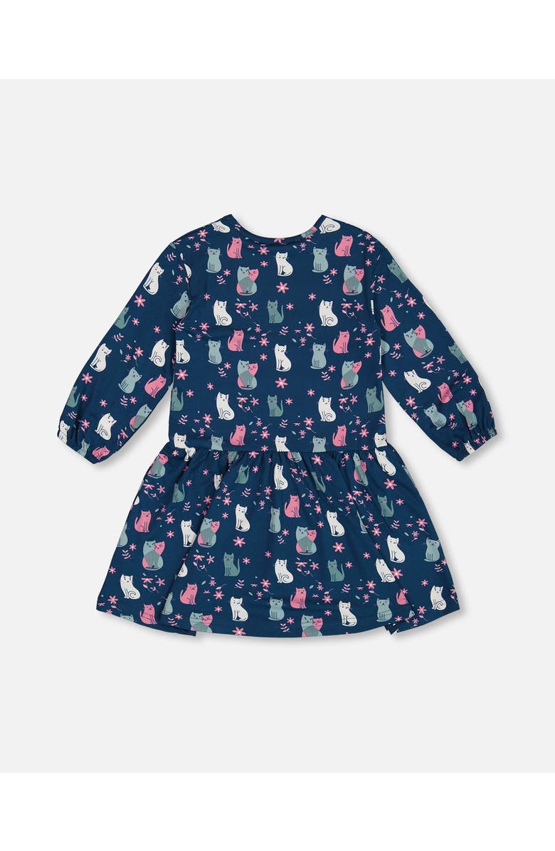 Deux par Deux Girl's Printed Long Sleeve Dress Navy Blue With Kitten, Alternate, color,