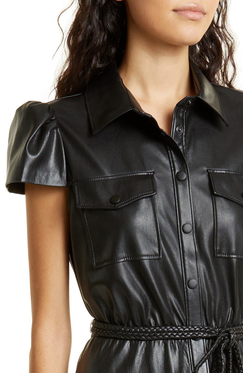 Alice + Olivia Miranda Cap Sleeve Faux Leather Shirtdress, Alternate, color, Black