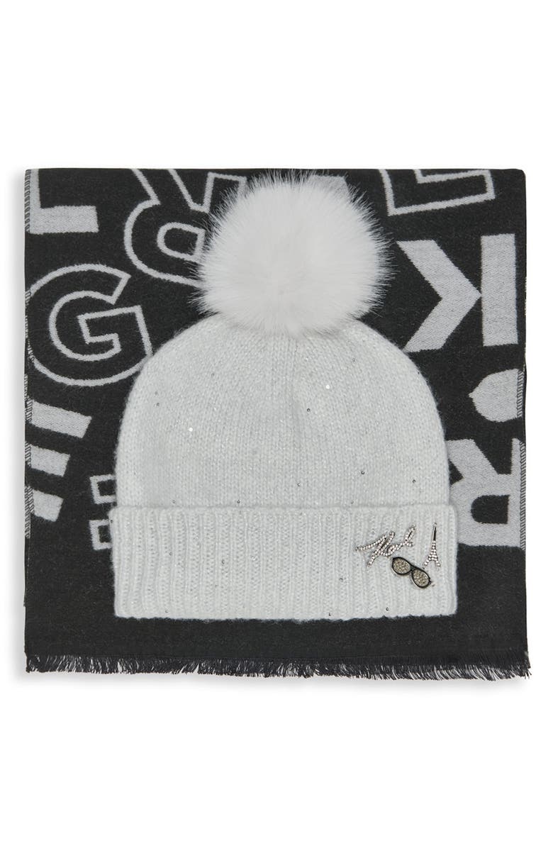 KARL LAGERFELD PARIS Sequin Beanie & Muffler Scarf Set | Nordstromrack