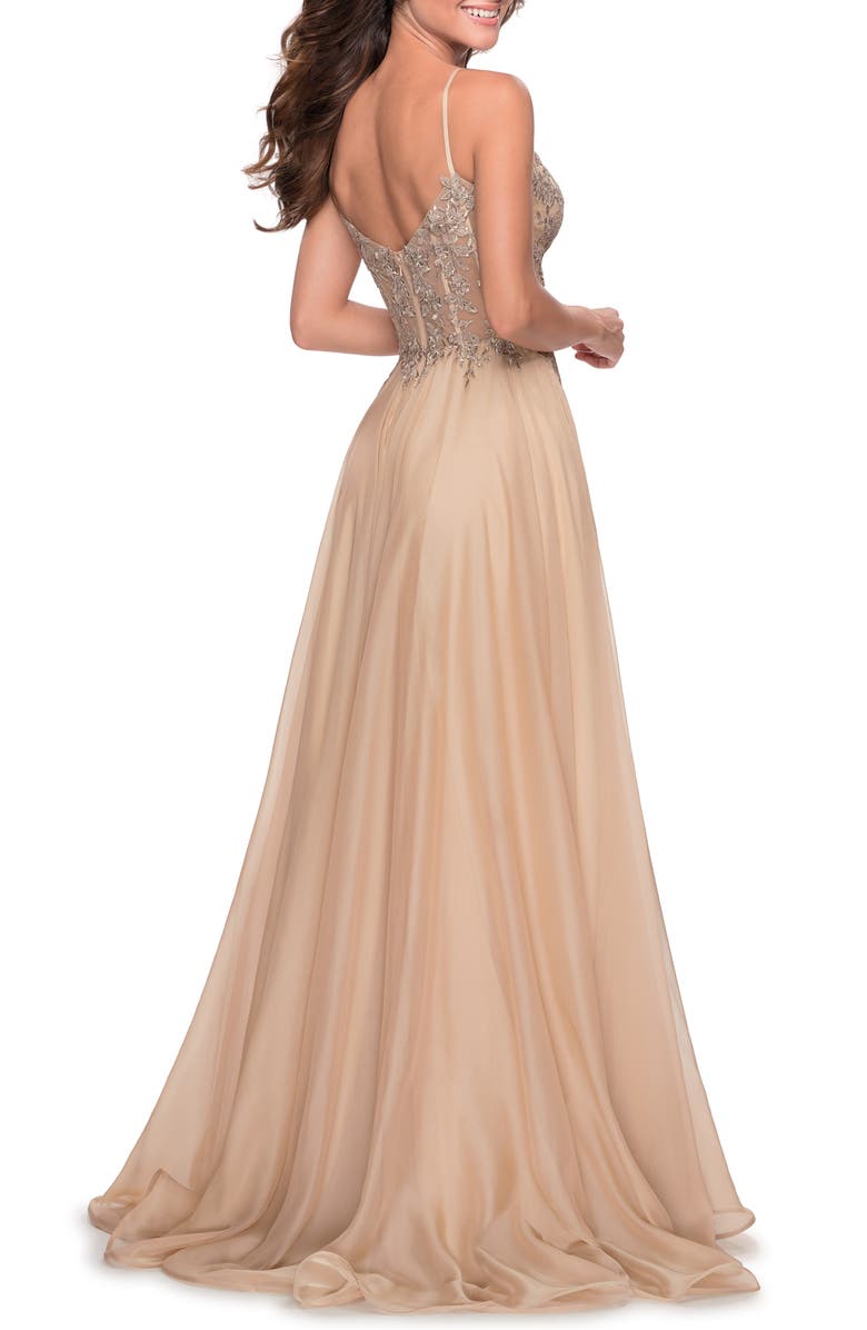 La Femme Floral Appliqué Chiffon Gown, Alternate, color,