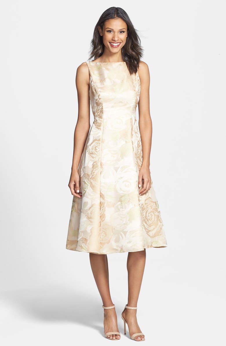 Adrianna Papell Jacquard Tea Length Fit & Flare Dress, Main, color,