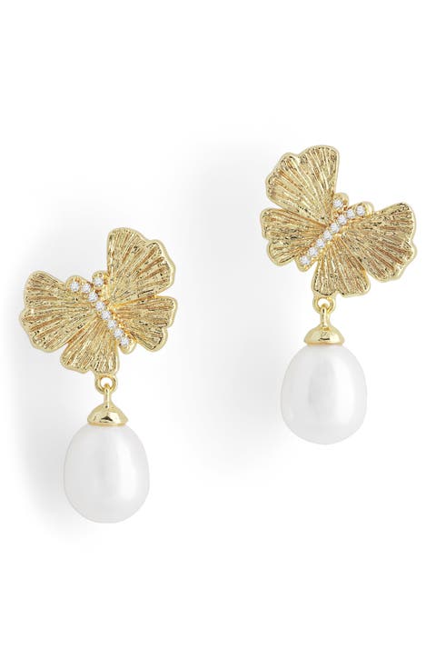 Butterfly & Faux Pearl Drop Earrings