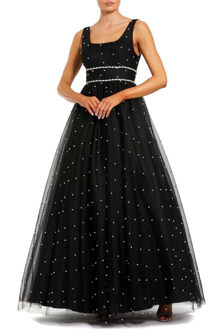 Pearl Embellished Tulle Sleeveless Ball Gown, Main, color, Black Ivory