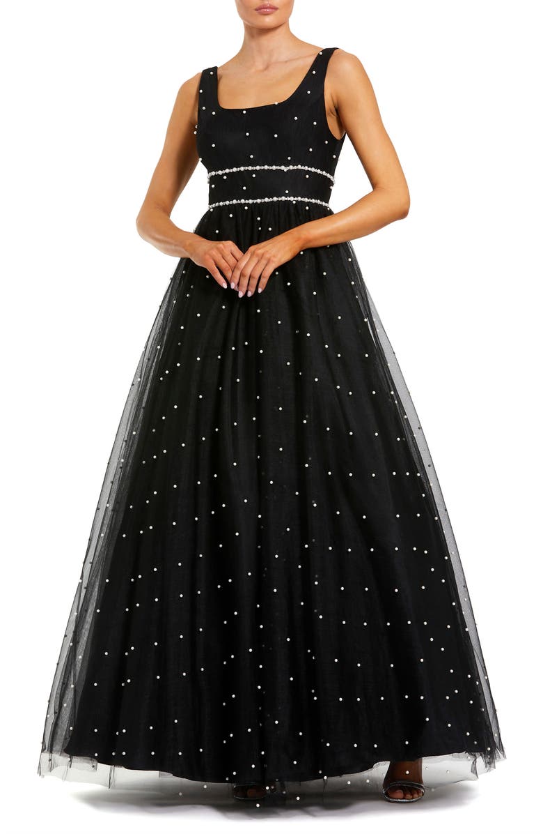 Mac Duggal Pearl Embellished Tulle Sleeveless Ball Gown, Main, color, Black Ivory
