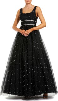 Mac Duggal Pearl Embellished Tulle Sleeveless Ball Gown