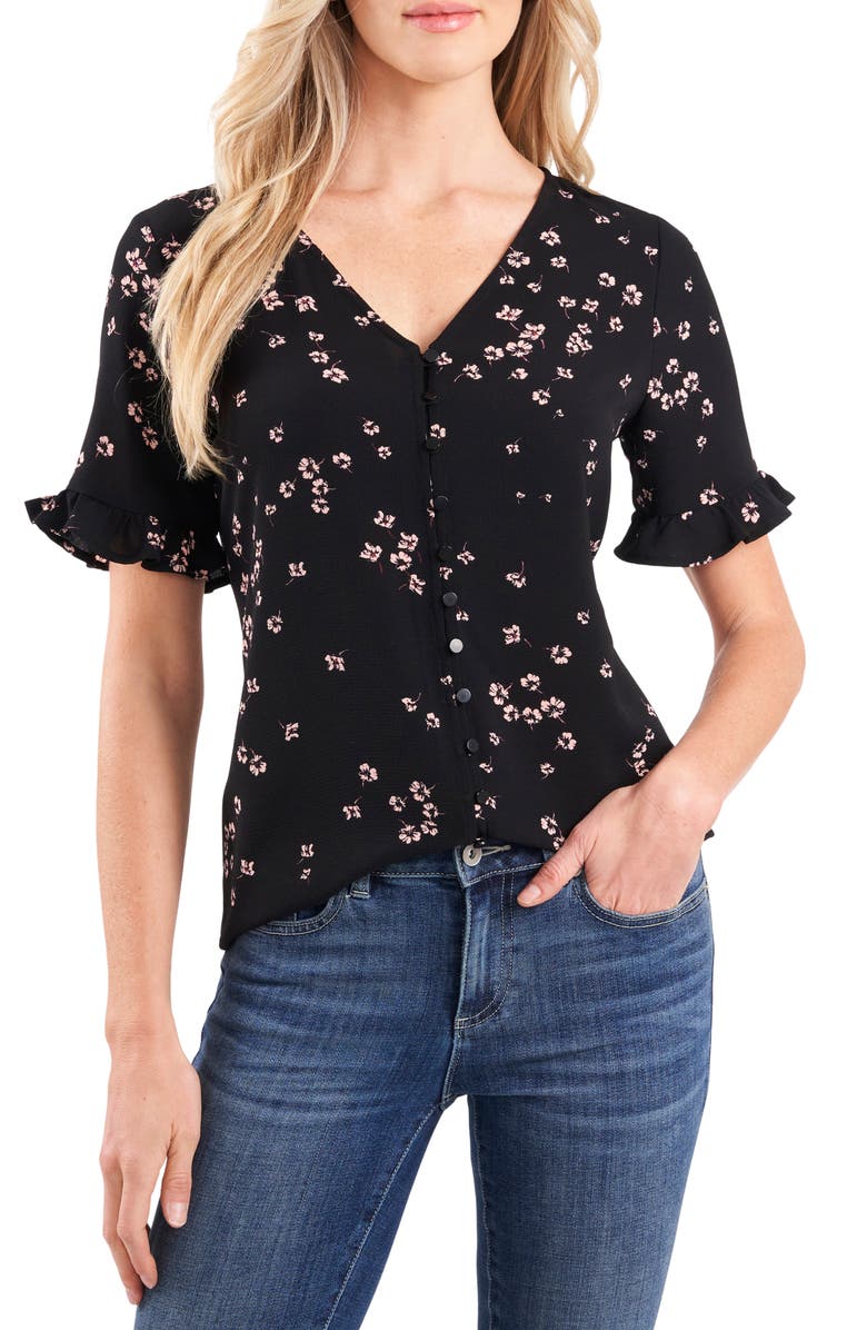 CeCe Cascading Floret Ruffle Sleeve Crepe Blouse, Main, color, 