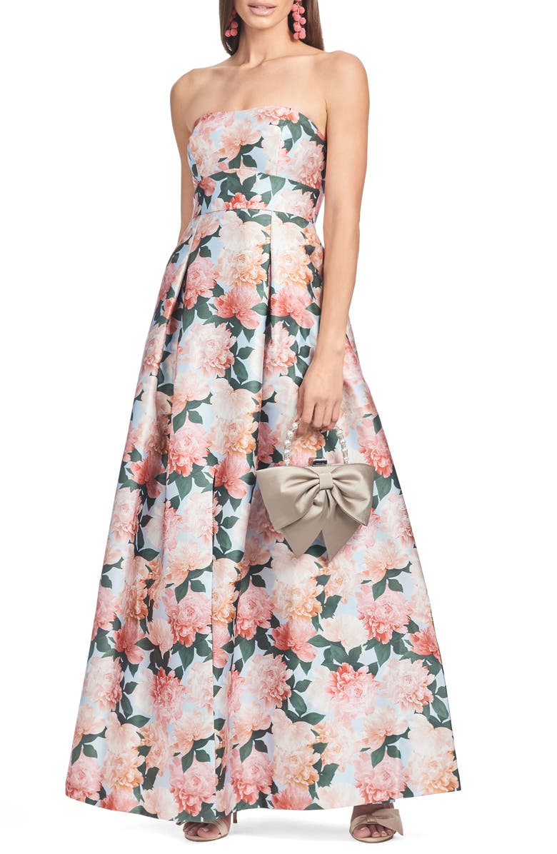 Sachin & Babi Giovanna Floral Print Strapless Gown, Main, color, Peach Peonies