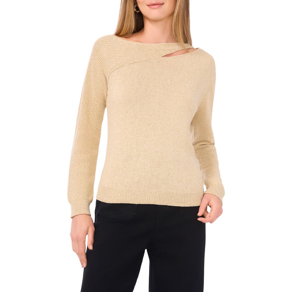 Vince Camuto Metallic Cutout Cotton Blend Sweater In Neutral
