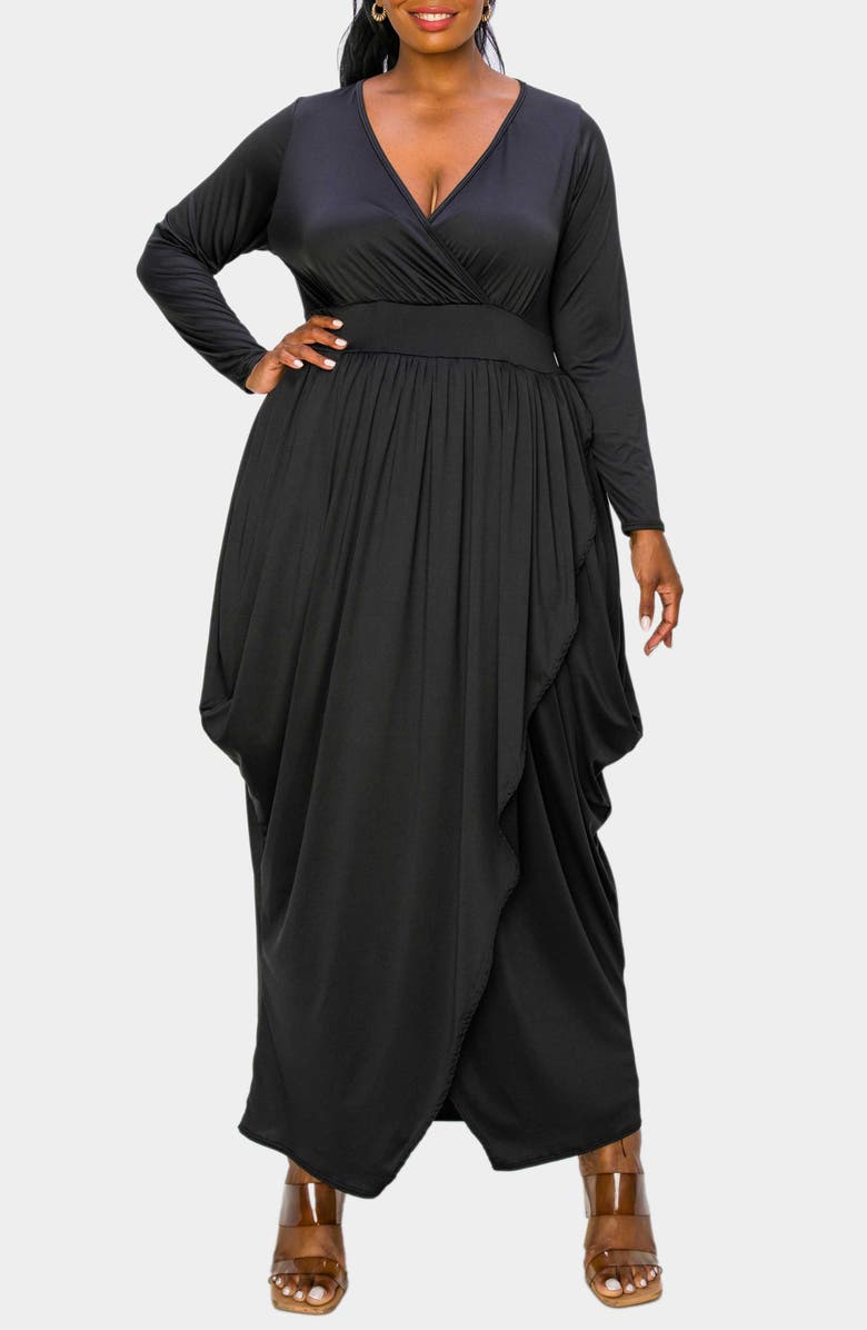 L I V D Giuliana Long Sleeve Tulip Hem Faux Wrap Maxi Dress, Main, color, Black