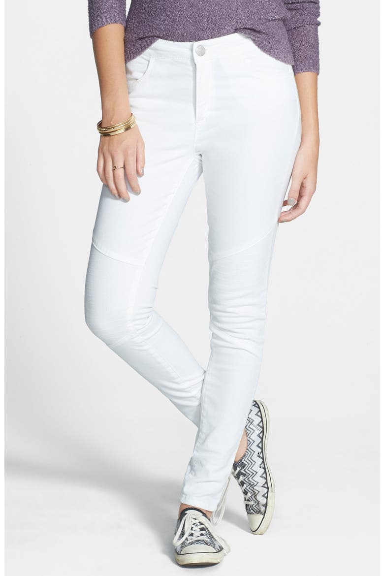 Fire Seamed Moto Skinny Jeans, Main, color, WHITE