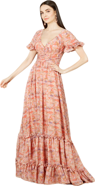 LARA New York Long Print Gown with Cap Sleeves