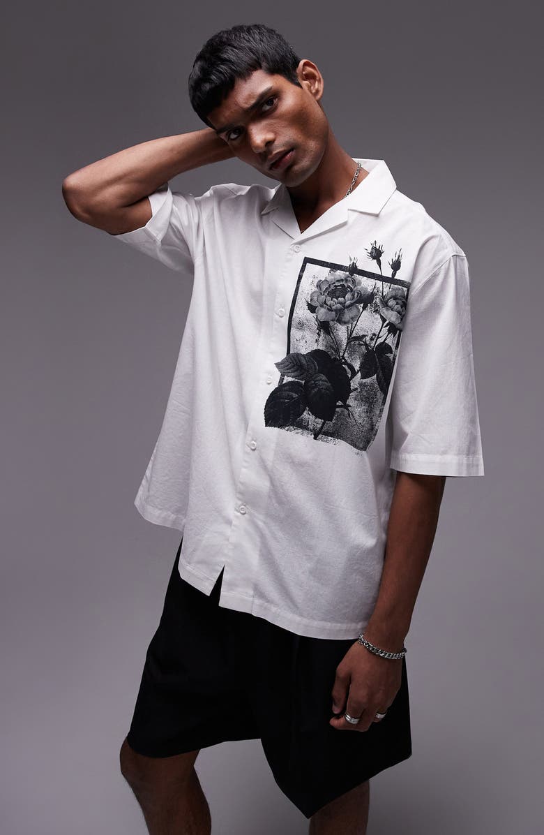 Topman Floral Print Placement Camp Shirt, Main, color, White
