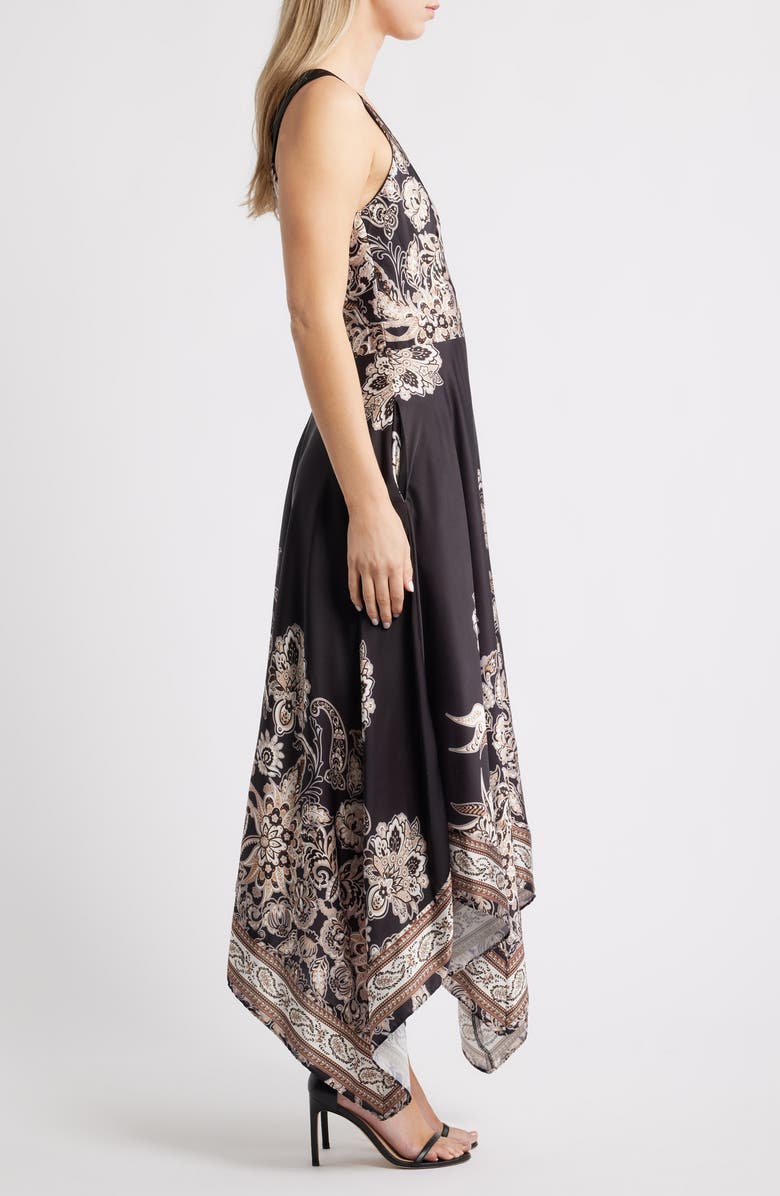 Vince Camuto Placed Scarf Print Handkerchief Hem Cotton Blend Dress, Alternate, color, Black Multi
