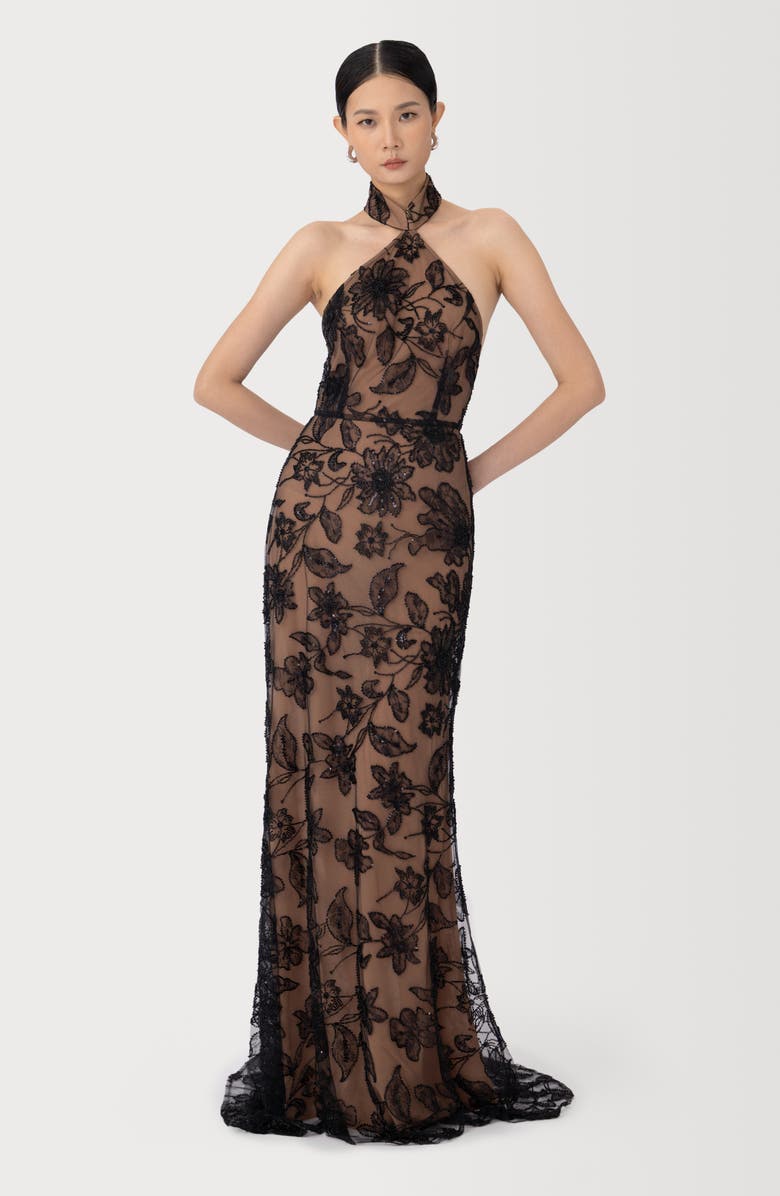 SAU LEE Adelaide Beaded Sheer Detail Gown, Alternate, color, Black