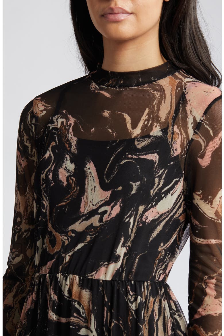 Marble Long Sleeve Mesh Midi Dress, Alternate, color, BLACK MARBLE