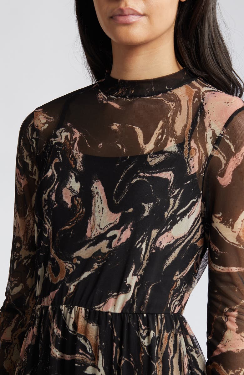 Dressed in Lala Marble Long Sleeve Mesh Midi Dress, Alternate, color, Black Marble