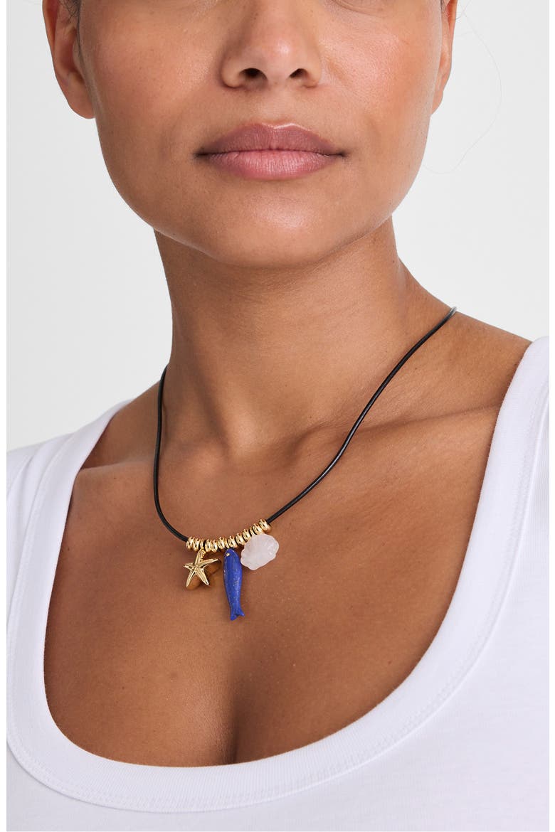 Semiprecious Charm Leather Choker Necklace, Alternate, color, ANTIQUE GOLD