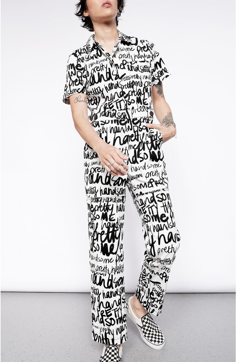 WILDFANG Essential High Waisted Coverall, Main, color, Pretty Handsome Script White