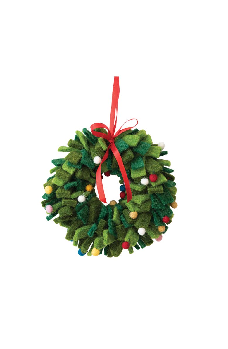 Storied Home Round Handmade Wool Felt Wreath Ornament with Multicolor Pom Poms, Green, Main, color, 