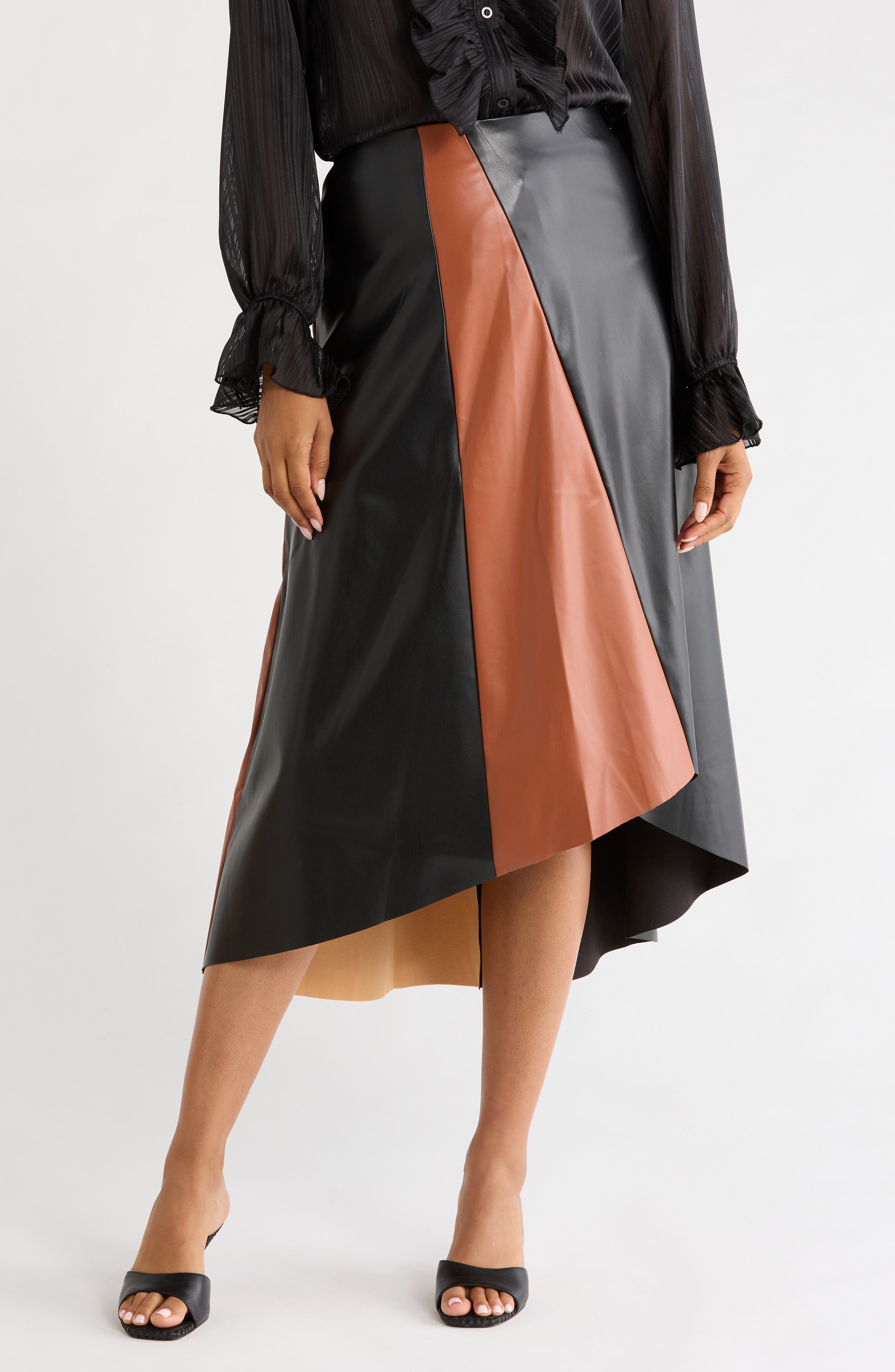 Paneled Faux Leather Midi Skirt
