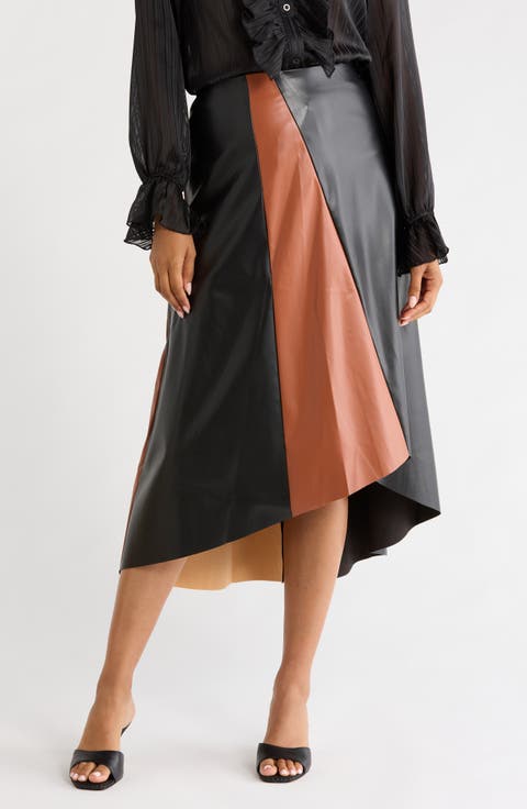 Paneled Faux Leather Midi Skirt
